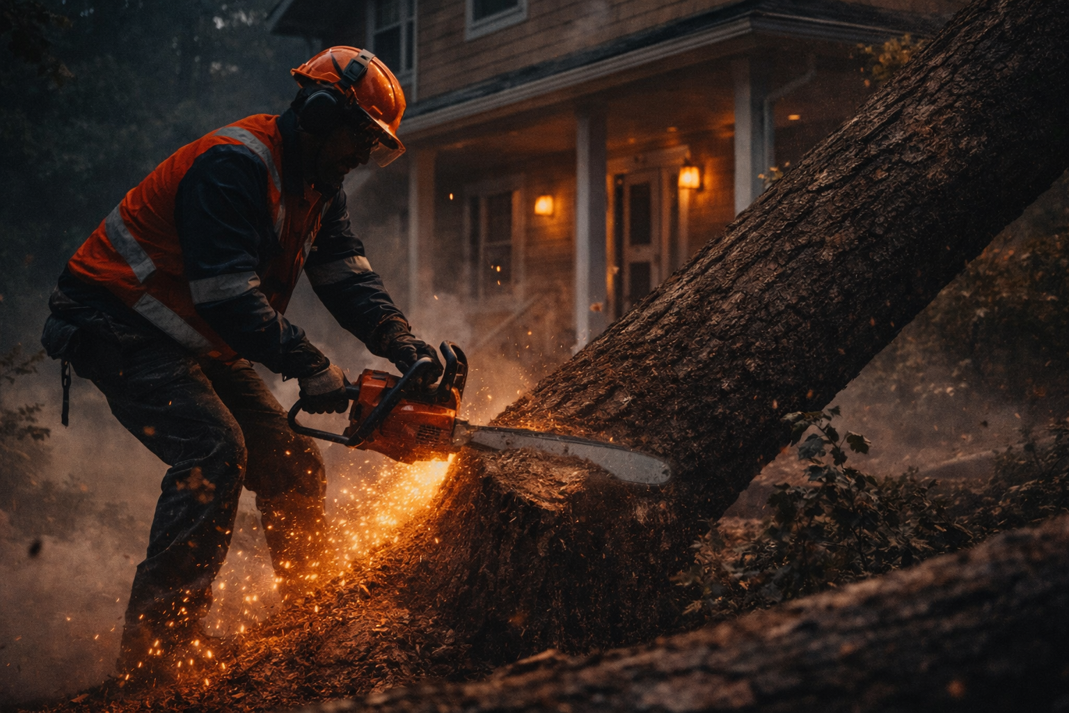 Chainsaw work in forest